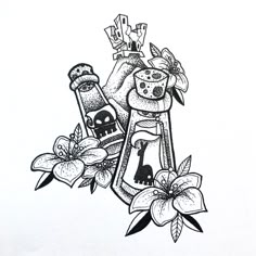 an ink drawing of a bottle with flowers and skulls on the bottom, surrounded by other items