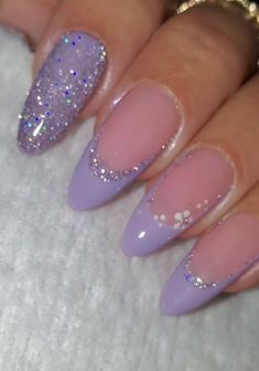 Purple And Pearl Nails, Lavender Hoco Nails, Purple Nails Birthday, Olivia Rodrigo Inspired Nails, Tangled Themed Nails, Purple Gel X Nails, Purple Glitter Nail Designs, Lavender And Silver Nails, Purple Hoco Nails