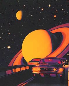 a car driving down a road with saturn in the background and stars on the sky