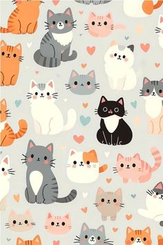 a bunch of cats that are on a gray background with hearts in the shape of hearts