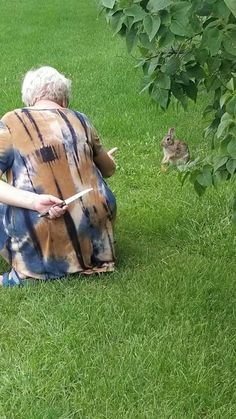 an older woman sitting on the grass next to a cat and looking at something in her hand