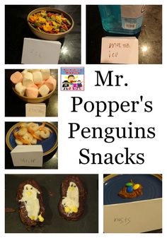 several pictures of different foods and snacks on a table with the words mr popper's penguins snacks