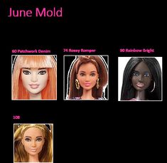 an image of some dolls with different hair colors and names on them, including the name june mold