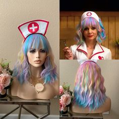 Wig Costume set include : Rainbow wig : 1 piece Nurse hairband :1 piece Necklace not include style: wavy bobo with bang Material: heat friendly fiber color: rainbow / unicorn Hi! Thanks for stopping by! We are the Little Wig Museum - our store might be little but our LOVE to wigs is big! Our beautiful vigorous wig is made from natural looking synthetic fiber which could hold its shape for long time using, with realistic looking scalp. The texture is light, soft without being shiny. Choosing a he Wig Costume, Promising Young Woman Costume, Clown Wig, My First Wig, Rainbow Wig, Wig Party, Shaggy Short Hair, Halloween Wigs, Short Curly Wigs