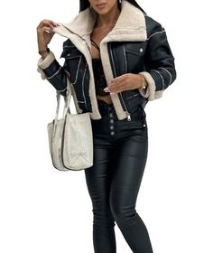 Leather Jacket Work Outfit, Leather Fur Jacket, Wool Short Coat, Short Coats Women, Fur Leather Jacket, Faux Leather Biker Jacket, Black Faux Leather Jacket, Motorcycle Style