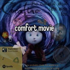 the words comfort movie are in front of an image of a doll with eyes and hands