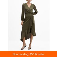 in stock Wrap Dress Wedding, Wrap Dress Wedding Guest, Mango Dress, Ruffle Wrap Dress, Dress Wedding Guest, Mother Of The Bride Dress, Khaki Dress, Positano, Dress Wedding