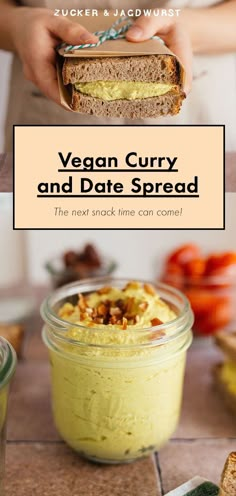 vegan curry and date spread in a jar with the text overlay that reads, vegan curry and date spread