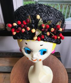 "Definitely from the 50's, this black straw rafia pillbox hat with amazing cherries and veil. Grosgrain inside hat is clean. no tears or holes. Fading and defects consistent with age. Height is 4\" Diameter of the hat is 7\". Fits a modern medium size." Pillbox Hat, Pill Boxes, Straw Hat, Medium Size, Vintage Black, Veil, Caps Hats, Accessories Hats, Straw