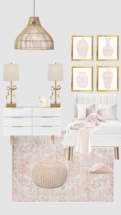 a bedroom with white furniture and pink accents on the walls, along with gold framed pictures