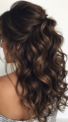 Romantic Bridesmaid Hair Down, Prom Hair Styles Half Up Half Down Curly, Wavy Event Hair, Cute Prom Hairstyles For Curly Hair, Long Curly Wedding Hairstyles Down, Waterfall Braid With Curly Hair, Curly Womens Hairstyles, Wavy Haircuts For Long Hair