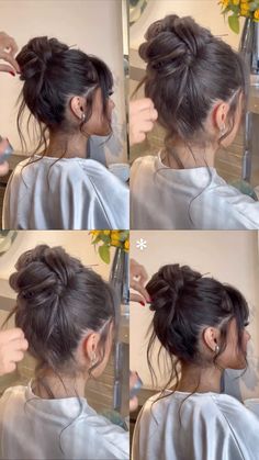 Wedding Hair For Strapless Dress Bridesmaid, Bun Wedding Guest Hairstyles, Updos For Open Back Dresses, Updo Hairstyles Bun, Halter Bridesmaid Dress Hairstyle, Strapless Dress Hairstyle, Middle Part Updo Wedding, Updo For Straight Hair, Hair Styles For Open Back Dress