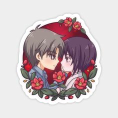 two anime characters kissing in front of red flowers and leaves on a white sticker