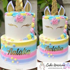 two cakes decorated with unicorns and flowers on top of each other in different colors