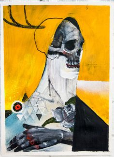 a painting with a skull on it's face and hands in front of a yellow background