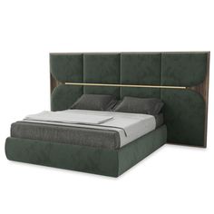 a bed with a headboard made out of green fabric and wooden trimmings