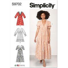 Misses Empire Dress.Simplicity Sewing Pattern 9702.V-neck dress comes in above mid-knee to mid-calf lengths and has sleeve variations and side pockets. View A features a crochet trim on V-neckline and long sleeves gathered to self bias binding edges. View B has a ruffled hem, long sleeves with ruffles at ends, and elastic at wrists. View C is a tiered dress with short sleeves and gathered caps.Recommended fabricsPoplin, Gauze, Cotton Blends, Linen. Interfacing: Lightweight Fusible. Loose Fit Dress Pattern, Christian Modest Outfits, Sleeve Variations, Spring Sewing, Simplicity Dress, Classic Dresses, Sewing Bee, Dress With Short Sleeves, Bias Binding