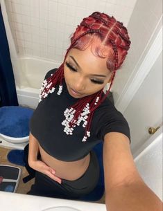 Red Hair Protective Styles, Red Braided Styles, Knotless Box Braids Natural Hair, Red Box Braids With Beads, Natural Knotless Braids, Dyed Braids, Vacay Hair, Dyed Locs, Braiding Ideas