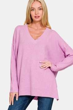 This Zenana High-Low Sweater in pink features a soft and cozy fabric, ribbed hem and sleeves, and side slits for comfort. Free Shipping. Shop Now! Versatile Sweater, Farm Clothes, Pink Lifestyle, Stylish Sweater, Effortless Outfit, Cozy Fabric, Pullover Cardigan, Stylish Sweaters, Maxi Dress Cocktail