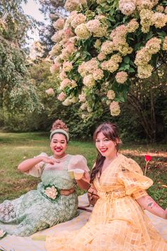 two women dressed in princess costumes sitting on a blanket under a tree and posing for the camera