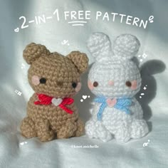 two crocheted teddy bears sitting next to each other on a white sheet with the words 2 in 1 free pattern