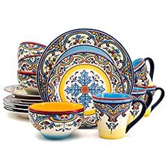 an assortment of colorful dishes and cups