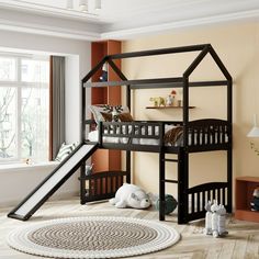 there is a bunk bed with a slide in the room