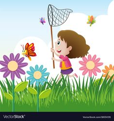 a girl catching butterflies in the garden