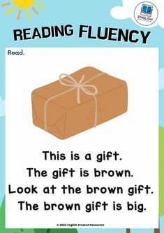 a poster with the words reading flueny and an image of a present on it