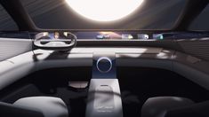 the interior of a futuristic vehicle is shown in this artist's rendering, with an image of a sun shining through the window