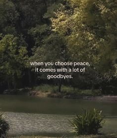 a lake with trees in the background and a quote on it that says, when you choose peace, it comes with a lot of goodbyes