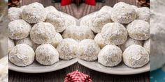 two pictures one with snowball cookies and the other with powdered sugar on it