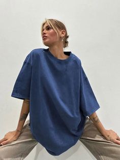 The summer essentials. DetailsMaterial: CottonCollar: O-neck Tops Type: Tees Oversized Cotton T-shirt For Summer, Shirt Women, Trendy Baggy Cotton T-shirt, Blue T Shirt, Oversized Washed Cotton T-shirt, Blue Summer Top, Oversized Blue Cotton T-shirt, Oversized Cotton Hip Hop T-shirt, Vintage Short