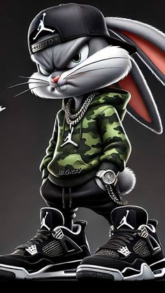 a drawing of a rabbit wearing a green camo hoodie and matching sneakers with a black hat