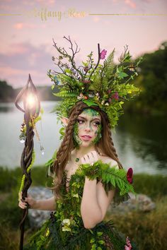 A magical flower branch antler HEADDRESS with butterflies, handmade mushrooms, vines and ferns in lush greens.  Ideal for an Earth Goddess, Jungle Queen, a woodland wedding, fairy cosplay, photo shoots and special events. This large statement jungle headdress, is a rain forest green headdress with green branches resembling antlers stemming out. There are also realistic looking butterflies, vines and mushrooms scattered throughout. This very detailed piece definitely makes a statement and leaves Goddess Of The Earth, Mother Nature Cosplay, Gaia Goddess Costume, Mother Earth Costume Diy, Mother Earth Halloween Costume, Fairy Garden Costume, Mother Earth Makeup, Forest Headpiece, Mother Earth Costume