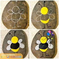 four pictures of painted rocks with bees and flowers on them, each depicting different stages of life