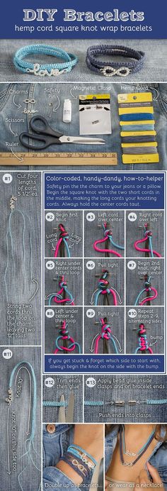 the instructions for how to make bracelets with denim material and leather cord, including beads