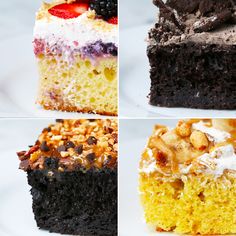 four different types of desserts are shown in this collage, each with one slice missing