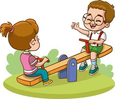 a boy and girl playing on a seesaw