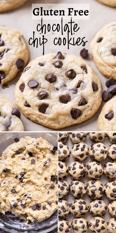 gluten free chocolate chip cookies on a baking sheet and in the background, there is a cookie with chocolate chips