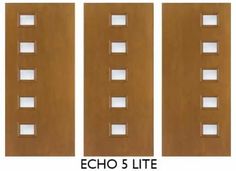 the front and back sides of a wooden door with four square glass inserts on each side