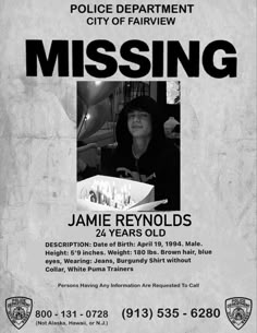 the missing poster for jamie reynolds is shown in black and white, with an image of him