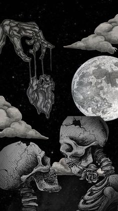 two skulls are facing each other in front of a full moon and sky with clouds