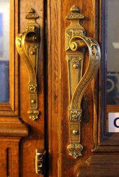 an ornate wooden door with brass handles and knobs