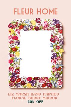 a colorful flowered frame on a pink background with space for your text or image