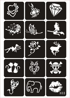 the silhouettes of different types of tattoos on black and white squares, each with an animal