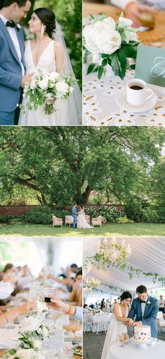 a collage of photos showing the bride and groom cutting their wedding cake at an outdoor reception