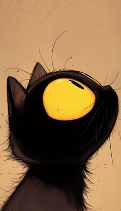 a black cat with yellow eyes looking up at something in the sky above it's head