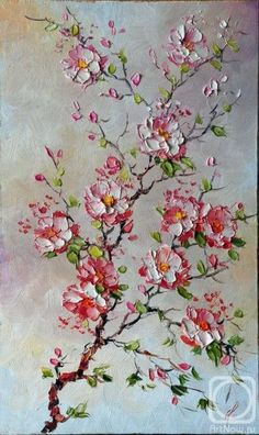 a painting of pink flowers on a branch