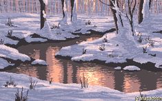 a cross - stitch pattern of a stream in the woods with snow on the ground